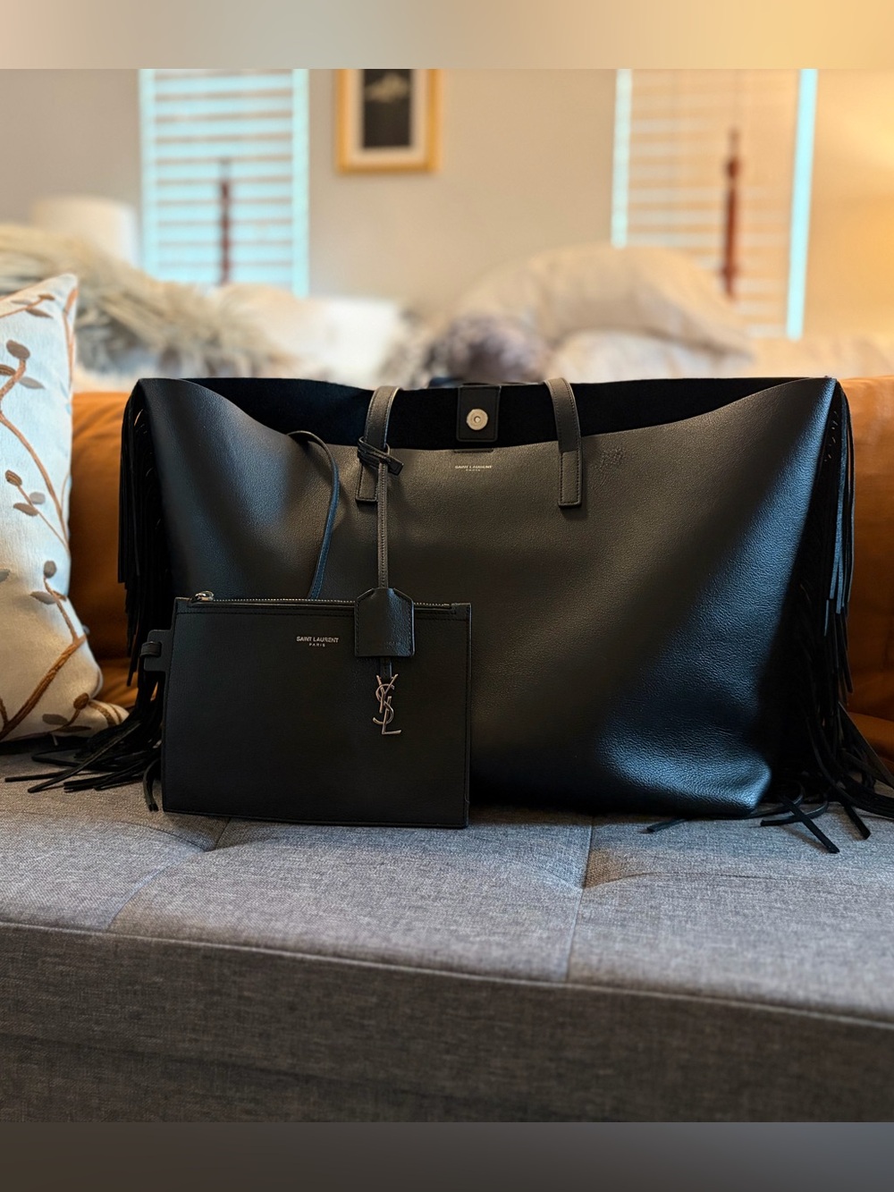 Saint Laurent Black Leather Fringe Shopping Tote with Pouch.
